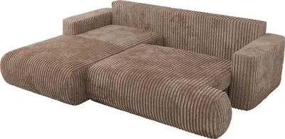 A brown corduroy sectional sofa with a chaise lounge is shown from a diagonal angle against a white background.