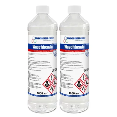 Produktbild von Ravensberger Chemie Waschbenzin Spezialreiniger – stark gegen Fett, Öl, Teer, Kleber, Farbe, Tinte & Wachs – ideal für Kunststoffoberflächen - 2 x 1 L