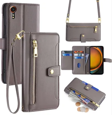 Produktbild von Handykette Samsung Hülle mit Band Handyhülle Kartenfächer Kunstleder Umhängetasche Galaxy Xcover 7 Grau