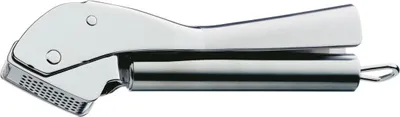A stainless steel garlic press is shown against a white background.