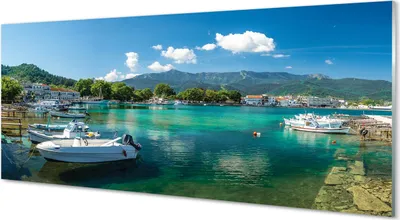 Produktbild von Glasbilder 125x50 Wandkunst Griechenland Marina Meer Berge