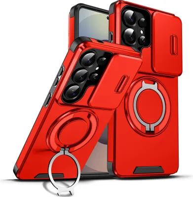 Immagine prodotto di Custodia a doppio strato per Samsung Galaxy S26 Ultra, con copertura scorrevole per la fotocamera e supporto magnetico ad anello Rosso