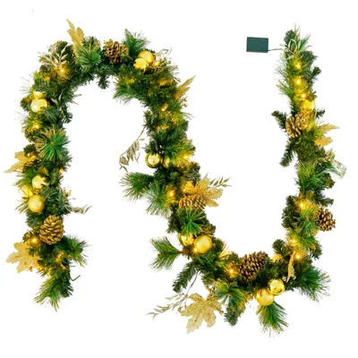 Immagine prodotto di COSTWAY 270 cm di ghirlanda di Natale con 50 LED bianchi caldi, ghirlanda di abete artificiale con pigne e fiocchi dorati, decorazione natalizia illuminata verde