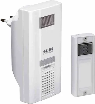 A white wireless doorbell set, consisting of a plug-in chime unit and a separate button unit, is displayed against a white background.