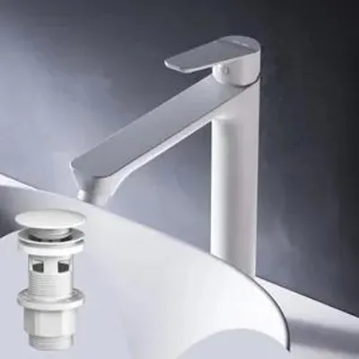 Productafbeelding van Badmengkraan met hoge hals en pop-up afvoer voor wastafel, witte badkamer. Wastafelmengkraan met afvoer set, 1 1/4 inch, messing