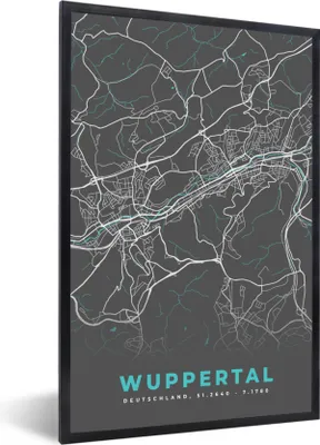 Produktbild von MuchoWow® Gerahmtes Poster Wuppertal - Stadtplan - Blau - Karte - Deutschland 60x90 cm - Poster mit Schwarzem Bilderrahmen Wandposter Rahmen Foto Bilder - Kunst