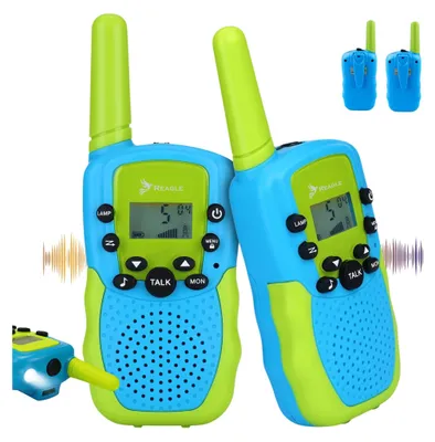 Two blue and green walkie-talkies are displayed against a white background, with smaller images of two more walkie-talkies in the top right corner. Sound wave graphics are visible on the left and right sides of the image.