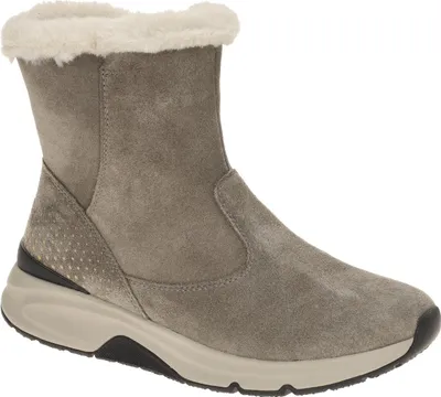 A single gray boot with white fur trim is shown against a white background.