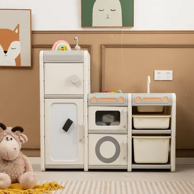Produktbild von Kinderregal mit 2 Aufbewahrungsboxen & 4 Schränke, 116 × 38 × 98cm, Bücherregal Kinder mit Whiteboard & 5 Stifte, Spielzeugregal wie Kinderküche mit Spüle & Wasserhahn & Kühlschrank