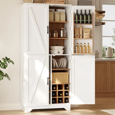 Produktbild von MODFU Vorratsschrank mit 4 Türen,Küchenschrank mit Weinregal,offenen Fächern und viel Stauraum,Hochschrank 80×40×180 cm, Moderner Stauraumschrank ,Weiß