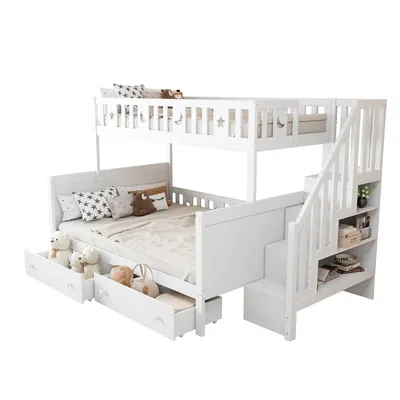 Produktbild von Kinderbett 90*200/140*200cm, Etagenbett aus Massivholz mit Sicherheitstreppe, zwei großen Schubladen und Lattenrost, weiß