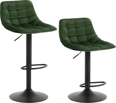 Two dark green bar stools are shown against a white background.