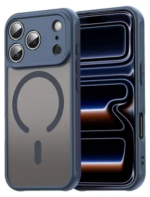 A blue iPhone case with a MagSafe ring is shown next to an iPhone.