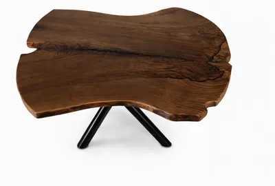 Image de Table en noyer à la forme unique, avec un piètement en métal noir