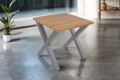 Produktbild von Esstisch 80x80 cm Baumkante Holz Wildeiche-Optik X-Gestell Metall silber JOSY