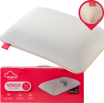 A pillow and its packaging are displayed against a white background.