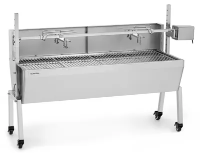 Produktbild von Klarstein 2-in-1 Rotisserie Grill mit Motor, Grill mit Drehspieß & Windschutz, Großer Spießgrill für Hähnchen & Spanferkel, Grill mit Motor, Spieß Grill mit Edelstahl-Rost, Holzkohlegrill mit Rollen