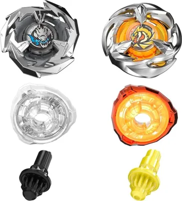 A product shot of two Beyblade toys and their components, arranged in a grid.