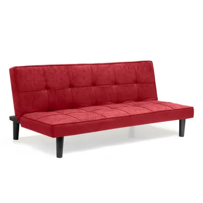 A red sofa bed is shown against a white background.