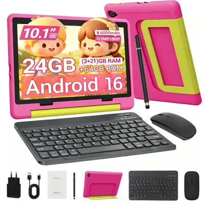 Produktbild von JENBIZZ Kinder Tablet Android 16 mit 10 Zoll, 64GB erweiterbar auf 1TB, 24GB RAM, 6000mAh, Widevine L1, WiFi 6, mit Tastatur, Maus & Stift