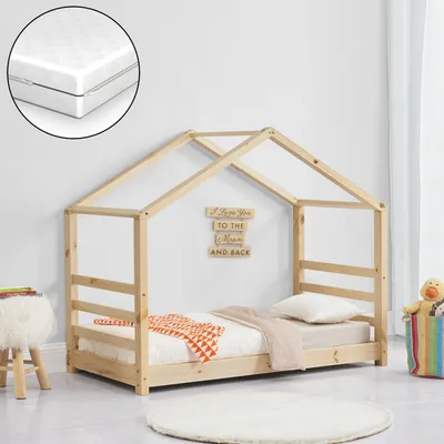 Obrázek produktu pro Dětská postel + matrace s lamelovým roštem a dětskou postýlkou 80x160cm Postel do domu Dřevěná postel do domu Postel pro mládež [en.casa]