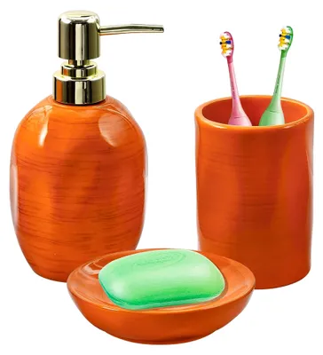 Produktbild von Badezimmer Set, 3-teilig - Zahnbürstenhalter, Seifenspender, Seifenschale in lebhaftem Orange