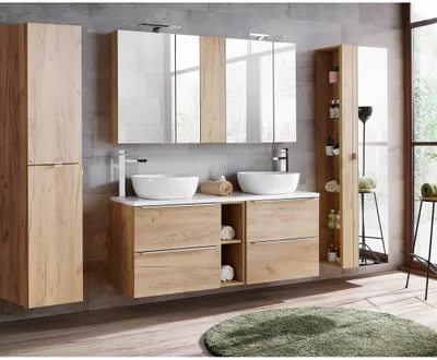 Produktbild von Badmöbel Set mit Doppelwaschtisch inkl. 2 Waschbecken TOSKANA-56 Wotaneiche/Hochglanz weiß BxHxT ca. B/H/T: 260/190/46cm