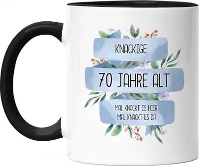 Produktbild von Knackige 70 Jahre Alt Tasse Schwarz Humorvoll Spruch-Tasse Mal Knackt Es Hier Geschenkidee 70. Geburtstag