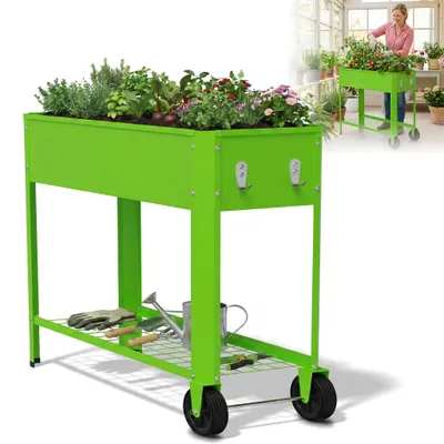 Image de Jardinière surélevée XMTECH en métal 80 x 35 x 80 cm avec roulettes – bac à plantes en acier galvanisé pour jardin ou balcon, potager avec étagère, vert