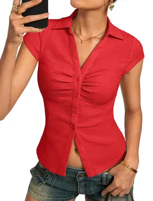 Productafbeelding van Damen blouse met plooien, V-hals, knoopsluiting, slim fit, Y2K stijl, zomerkleding