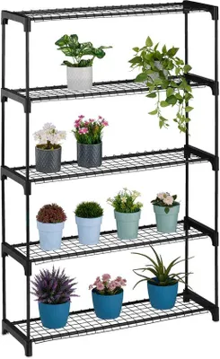 Zdjęcie produktu dla Metalowo-plastikowy stojak na kwiaty do wnętrz, 5 półek, 140 x 91 x 28 cm, czarny.