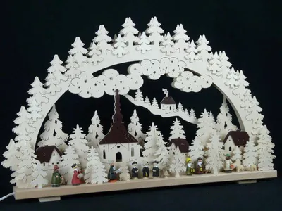 Obrázek produktu pro Svíčkový oblouk s kostelíkem Seiffen a osvětlením ŠxVxH 70x45x7cm NOVINKA