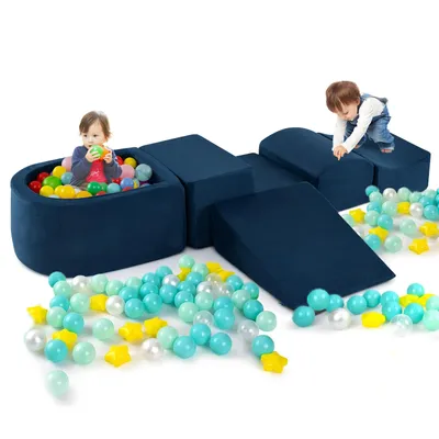 Image de COSTWAY, lot de 5 blocs de construction en mousse, blocs géants avec piscine à balles, grands blocs pour se défouler et grimper, blocs d'escalade souples, sans balles, bleu