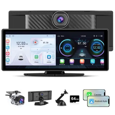 Image de Écran sans fil Carplay Android Auto 4K 10,26 pouces à l'avant, caméra de recul, Bluetooth, GPS, navigation FM RDS, USB, carte SD 64 Go, AUX