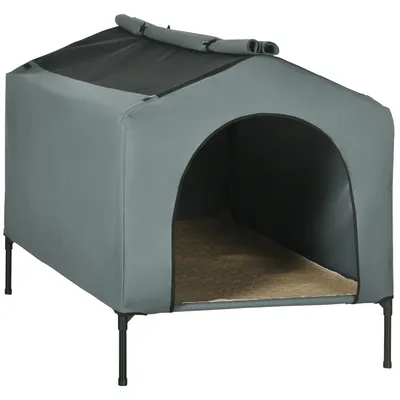 Produktbild von PawHut Hundehütte mit Außenabdeckung, 130 x 85 x 95 cm, erhöhtes Haustierbett mit Kissen und aufrollbaren Netzfenstern für große Hunde, Grau