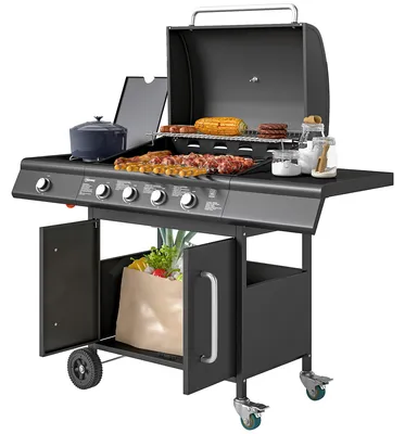 Produktbild von Gasgrill 15,2 KW Grillwagen inkl 5 Edelstahl-Brenner Rolle Seitenkocher 129,5 x 56 x 110 cm Schwarz