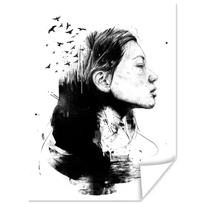 Produktbild von MuchoWow® Poster Frau - Vögel - Schwarz und weiß 90x120 cm - Wohnzimmer