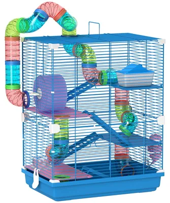 Image de Cage pour hamster rongeur 4 šŠtages avec tunnels mangeoire roue maison šŠchelles 46 x 30 x 58 cm bleu