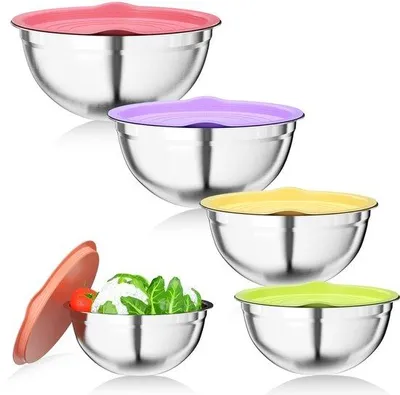 Immagine prodotto di Set di 5 ciotole da cucina impilabili in acciaio inossidabile con coperchi ermetici privi di BPA – capacità: 4,5 l / 3,5 l / 2,5 l / 2 l / 1,4 l