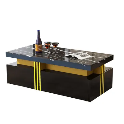 Produktbild von Couchtisch mit 2 Holzschubladen Rechteckiger Tisch Beistelltisch Wohnzimmertisch Hochglanzplatte Marmorierte Tischplatte 100*50*40 cm