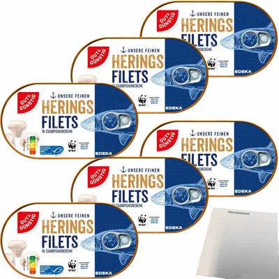 Produktbild von Gut & Günstig Heringsfilets in Champignoncreme mit Champignonstückchen 6er Pack (6x200g Dose) + usy Block