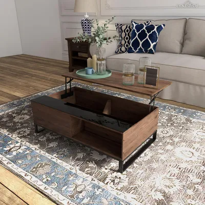 Image de Table basse avec fonction de levage et espace de rangement, table de salon, panneau de particules aspect noyer et acier, noyer | 102 x 58 x 35,5 cm | 24,8 kg