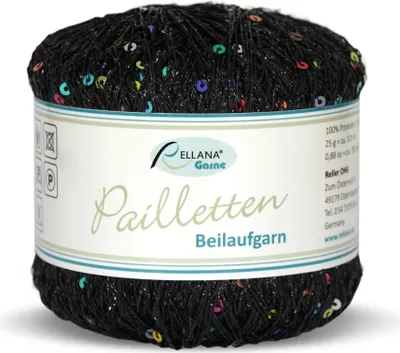 A spool of black yarn with colorful sequins, on a white background.