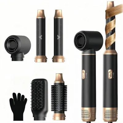 Zdjęcie produktu dla 5-w-1 Suszarka do włosów, stylizator, jonizator, szczotka z gorącym powietrzem, suszarka, urządzenie wielofunkcyjne, okrągła szczotka, lokówka, suszarka do włosów, urządzenie do stylizacji, czarny, dla kobiet
