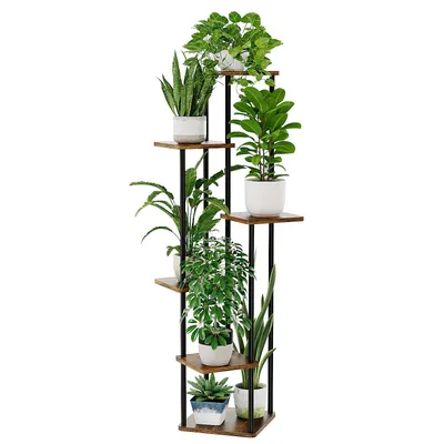 Produktbild von Bamworld Blumenständer, Pflanzenständer, Pflanzenregal aus Holz und Metall, Modernes Regal für Innenpflanzen, 6 Ebenen, Stabil und platzsparend