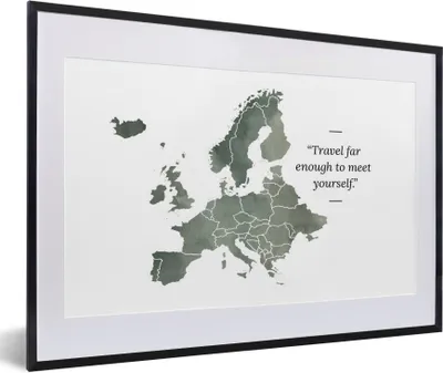 Produktbild von MuchoWow® MuchoWow® Gerahmtes Poster Karte Europa - Zitate - Grau 60x40 cm - Poster mit zchwarzem Bilderrahmen - Schlafzimmer - Plakat in Rahmen - Drucken