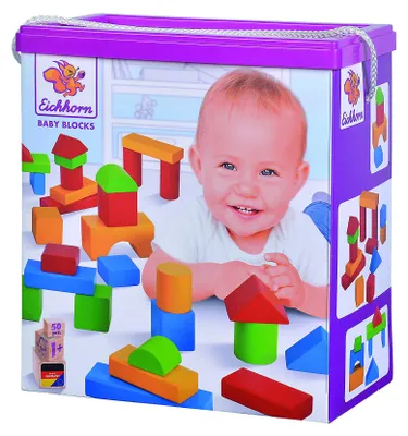 Image de Blocs de construction en bois Eichhorn Baby - Blocs de construction extra-larges, 40 x 40 mm, 50 pièces, bois dur, 1 an et plus