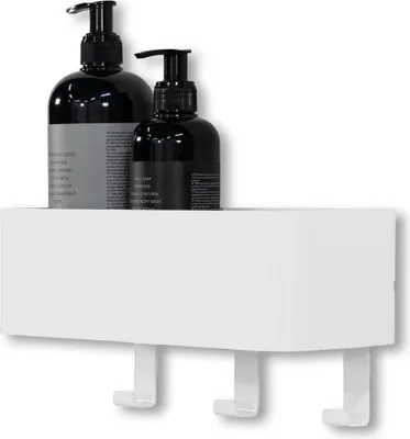 Spinder MULTI 3 Garderobe in Weiß mit zwei schwarzen Pumpflaschen von vorne.