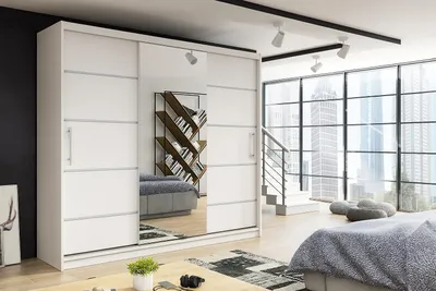 Zdjęcie produktu dla Szafa 3-drzwiowa przesuwna RIO 245x197cm kolor biały – lustro na froncie, w zestawie dużo półek, drążki, solidne wykonanie, łatwy montaż
