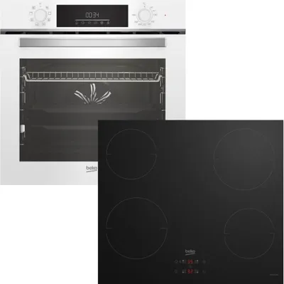 A white oven and a black induction hob are shown side-by-side against a white background.